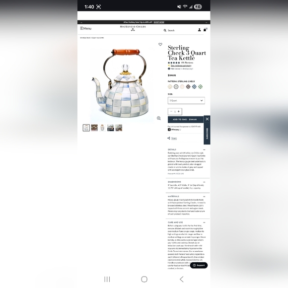 Mackenzie Childs Sterling Check 3 Quart Tea Kettle - Picture 11 of 12